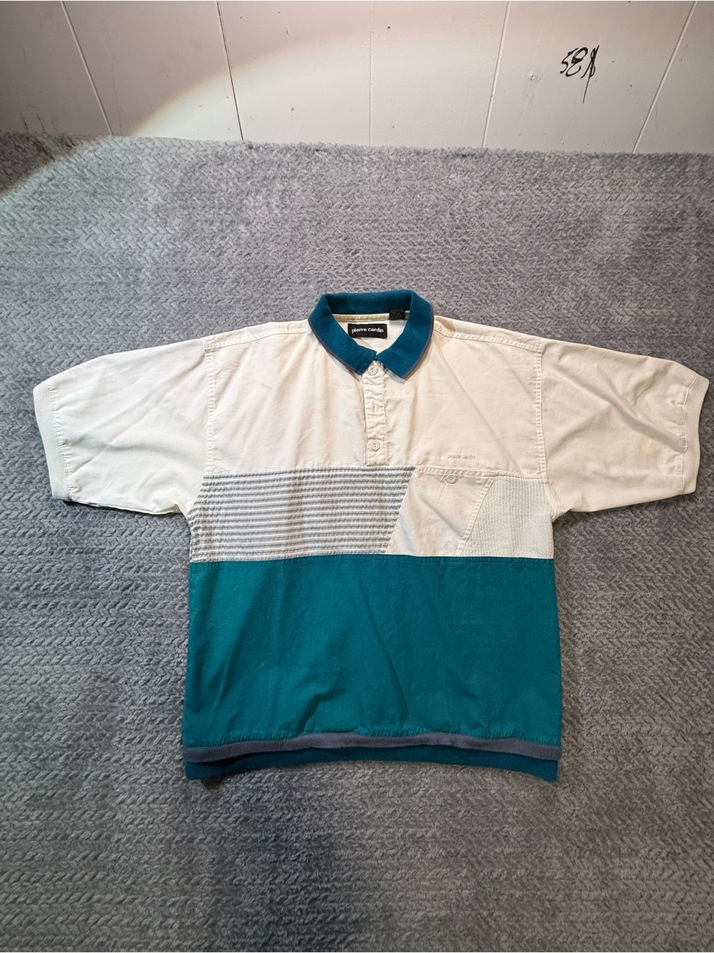 Pierre Cardin Teal and Cream Colorblock Short-Sleeve Polo vintage